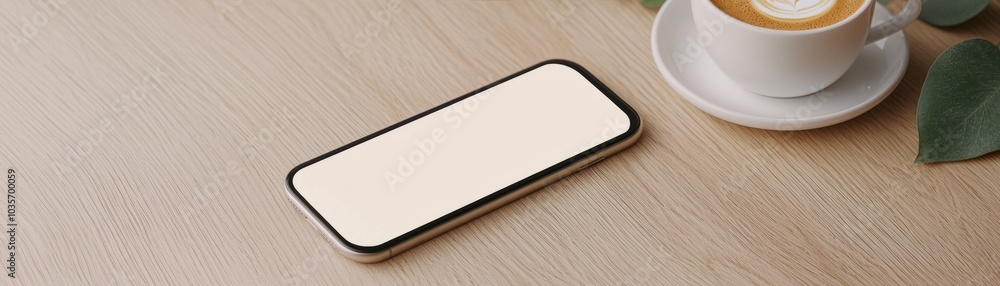 Smartphone on a wooden table beside a coffee cup, minimalistic style, ready for your design. Smartphone on a wooden table beside a coffee cup, minimalistic style, ready for your design.