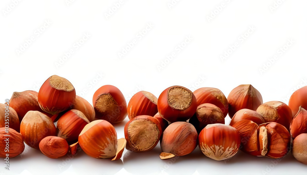 Obraz premium Hazelnuts on wooden and white background, opened and closed