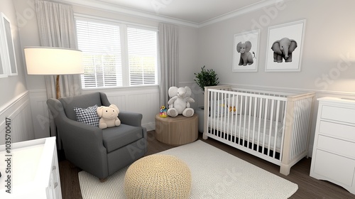 This charming children's room features a plush armchair, wooden table, and baby crib decorated with soft toys, offering a warm and inviting nursery ambiance