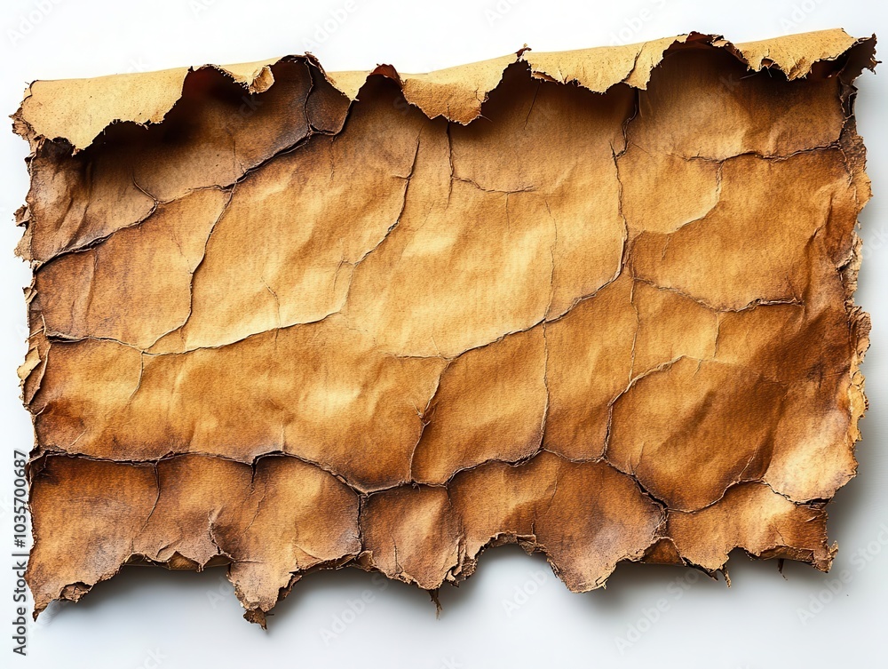 piece of textured brown cardboard with frayed edges, isolated against a clean white background, showcasing its rustic charm and tactile qualities piece of textured brown cardboard with frayed edges, isolated against a clean white background, showcasing its rustic charm and tactile qualities