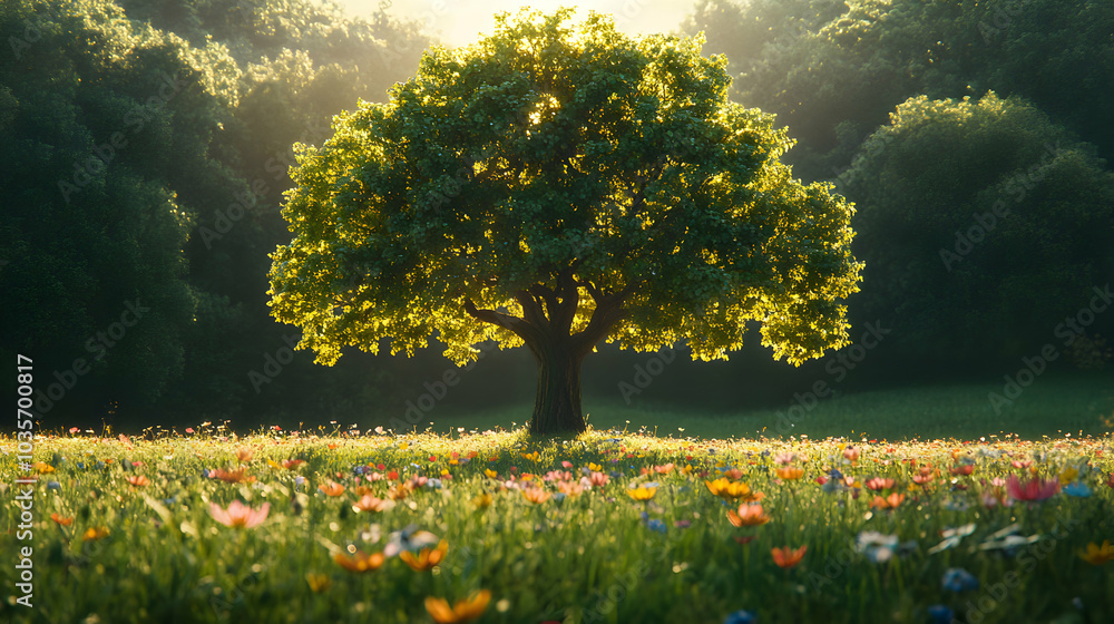 Fototapeta premium Lush Green Tree Nestled in a Vibrant Wildflower Field Under Clear Blue Sky