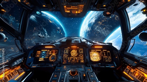 Fototapeta Naklejka Na Ścianę i Meble -  Zero-gravity spaceship interior with detailed control panels and views of distant planets