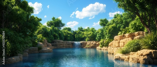 Serene landscape featuring a tranquil waterfall, lush greenery, and clear blue water under a sunny sky.