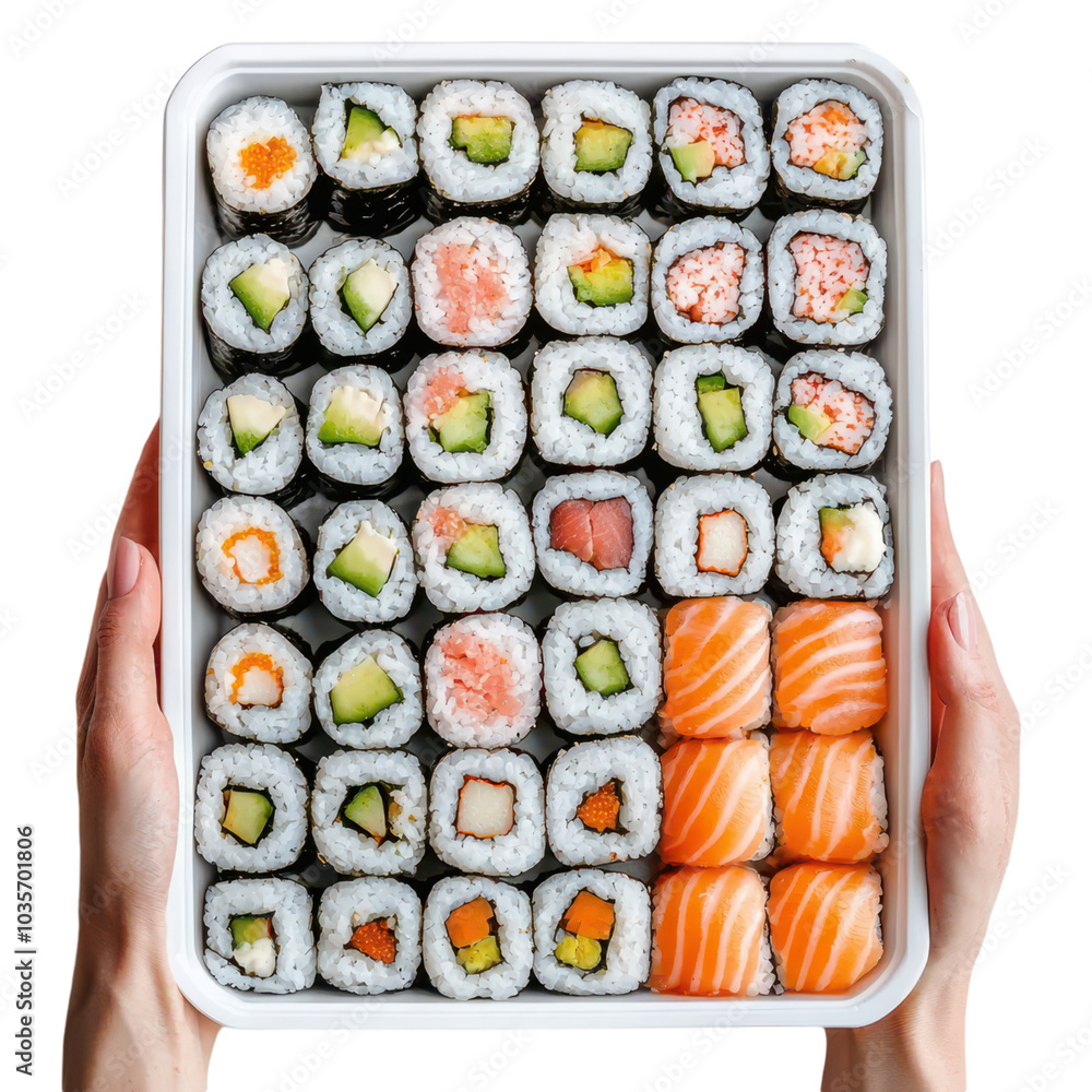 Hands elegantly presenting a vibrant platter of fresh sushi rolls, showcasing culinary art and vibrant flavors. Hands elegantly presenting a vibrant platter of fresh sushi rolls, showcasing culinary art and vibrant flavors.