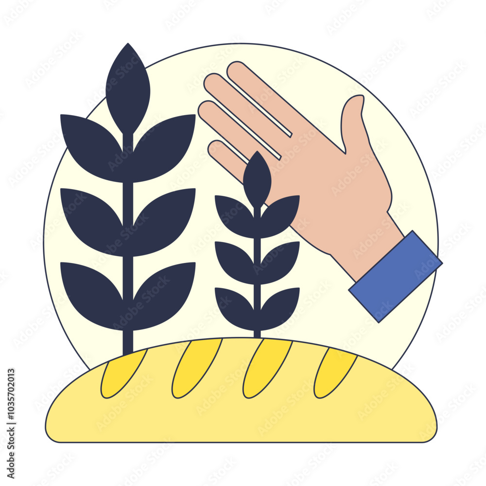 Stylized wheat sheaf and bread loaf with a hand symbolizing harvest and ...