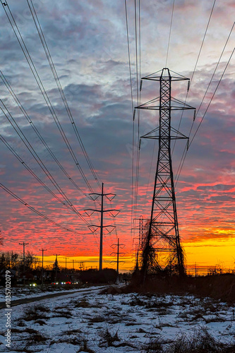 power lines at sunset, colorful pink cloudy sunset