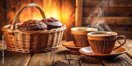 Warm Steam Rising from Coffee Cups and a Basket of Freshly Baked Muffins on a Wooden Table photo