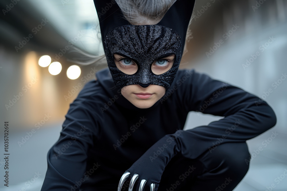 Portrait of cat therian teenage girl in city street. Teenager is wearing black kitty suit and fluffy mask. Quadrobics and therian movement, teenage lifestyle trends, social media influence on youth