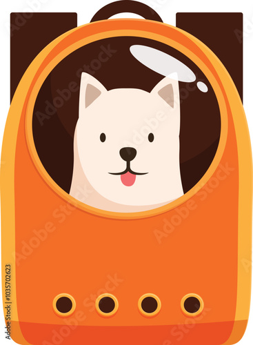Cute white dog is sticking its tongue out while sitting in an orange pet carrier backpack