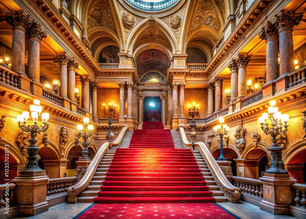 Obraz premium Elegant Red Carpet on Grand Stairs - Luxury Event Photography