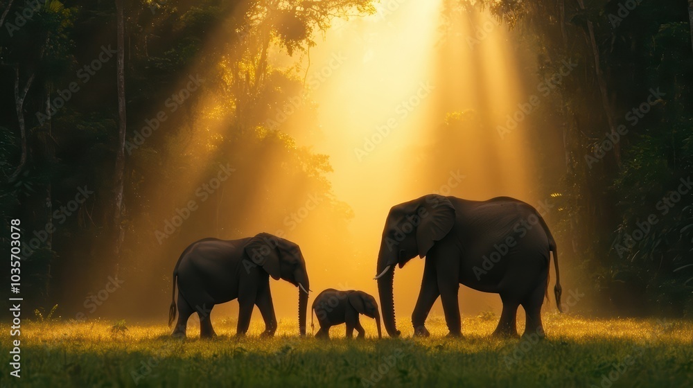 Fototapeta premium Three elephants in a serene jungle setting illuminated by golden sunlight.
