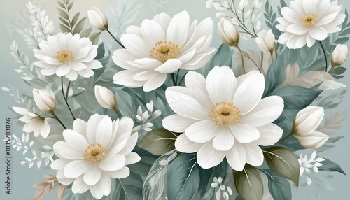 White flowers bouquet in soft pastel colors with green leaves and delicate details
