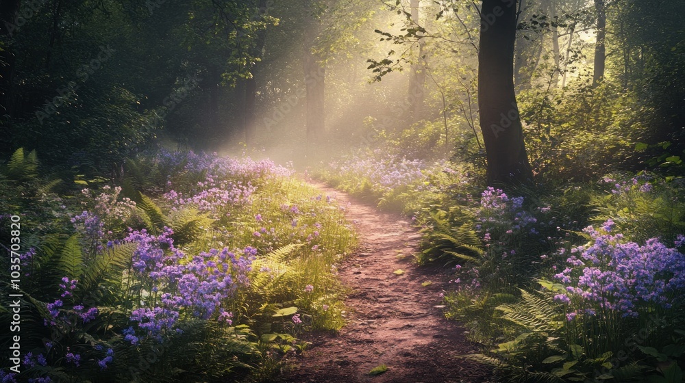 Obraz premium A sunlit path winds through a lush forest, with a carpet of bluebells blooming on either side.
