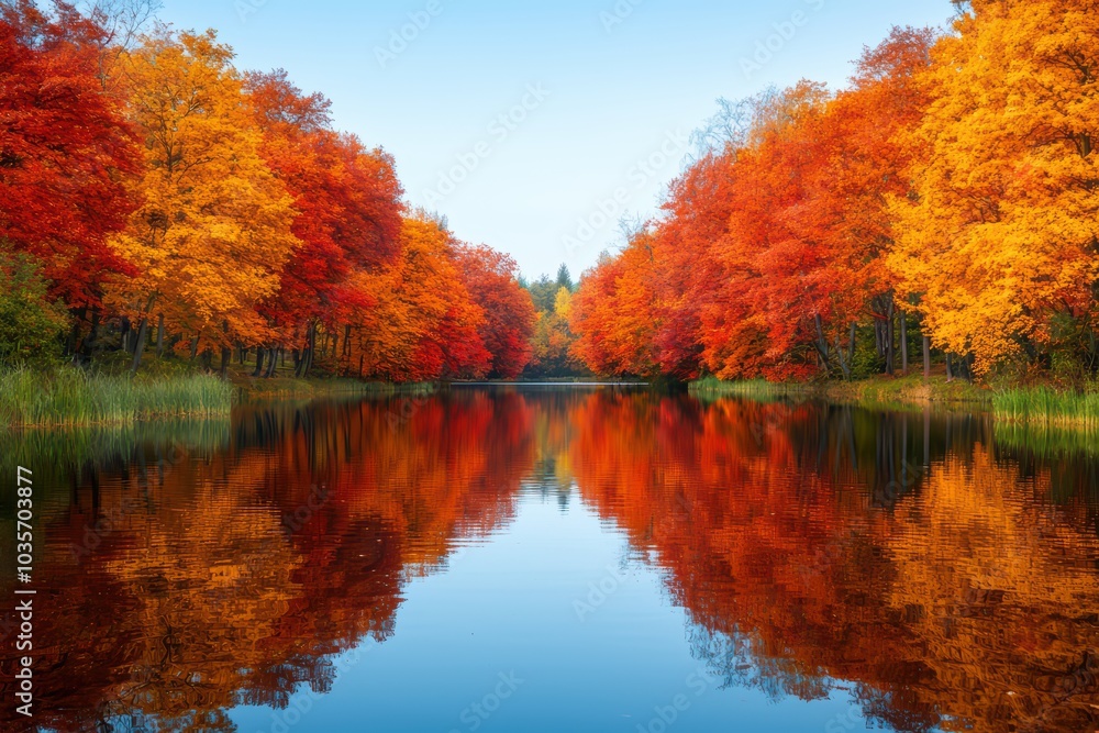 Vibrant autumn trees reflecting in calm water on a sunny day, creating a picturesque natural scene. Vibrant autumn trees reflecting in calm water on a sunny day, creating a picturesque natural scene.