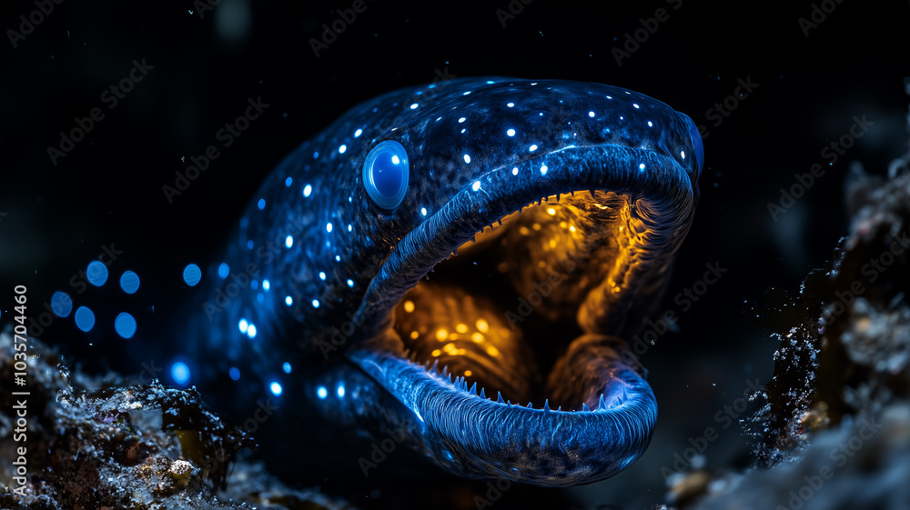 Fototapeta premium Glowing moray eel in deep ocean habitat