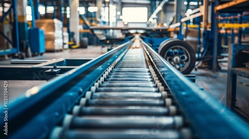 A conveyor belt transporting goods, industrial setting with machinery, Industrial style