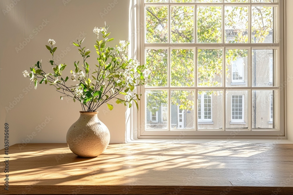 White Flowers in a Vase on a Windowsill with Sunbeams White Flowers in a Vase on a Windowsill with Sunbeams