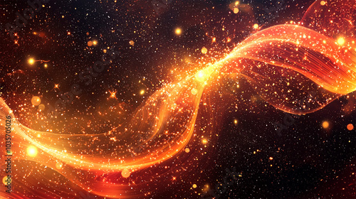 Fiery red and gold particle wave with intense shining dots and star clusters