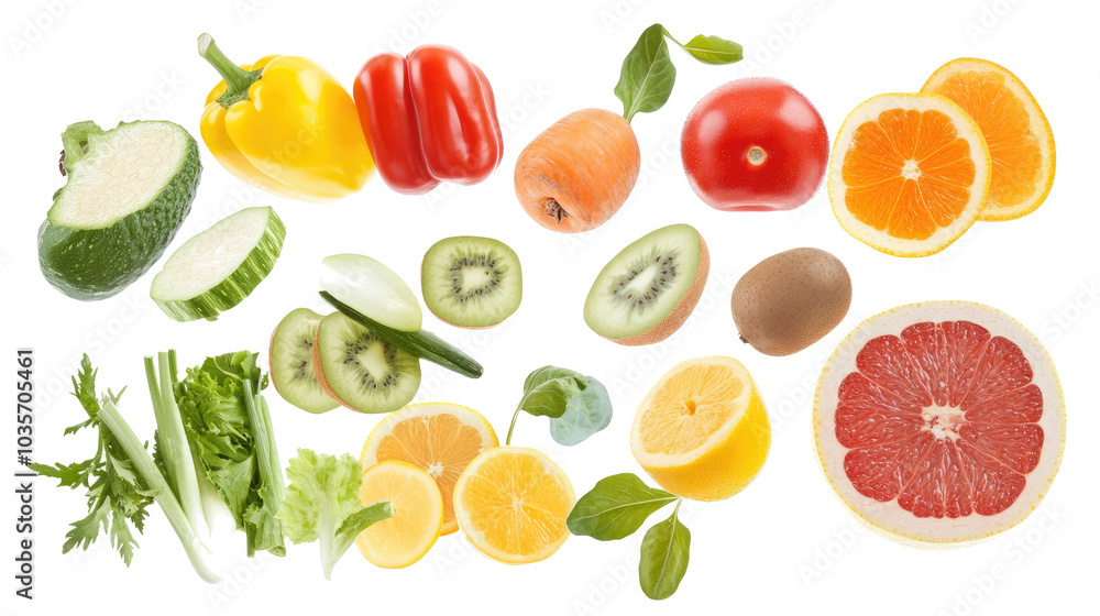Colorful Collection of Fresh Fruits and Vegetables Isolated on White Generative AI Colorful Collection of Fresh Fruits and Vegetables Isolated on White Generative AI