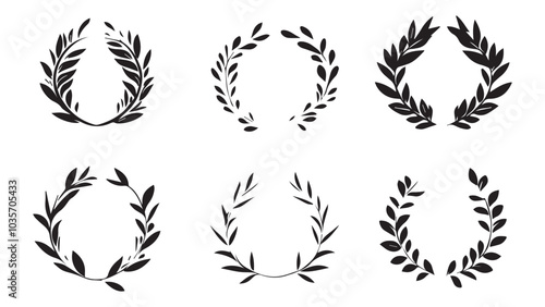 Set of simple monotone black logo of a laurel wreath and laurel arch with a minimalist path in the middle, on a white background