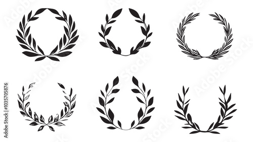 Set of simple monotone black logo of a laurel wreath and laurel arch with a minimalist path in the middle, on a white background