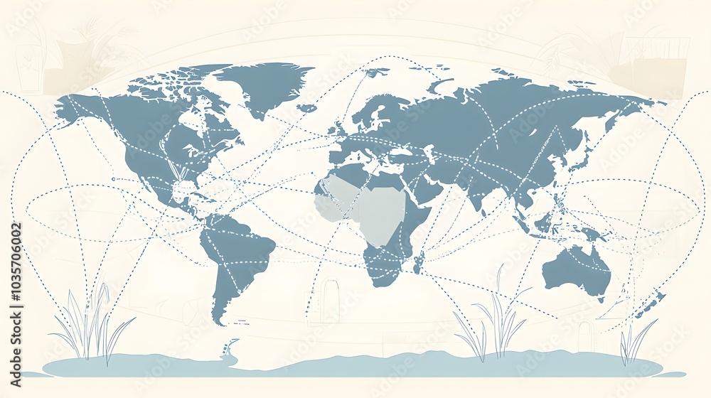 Fototapeta premium Global Shipping: A world map with dotted lines connecting continents, symbolizing international parcel routes. 
