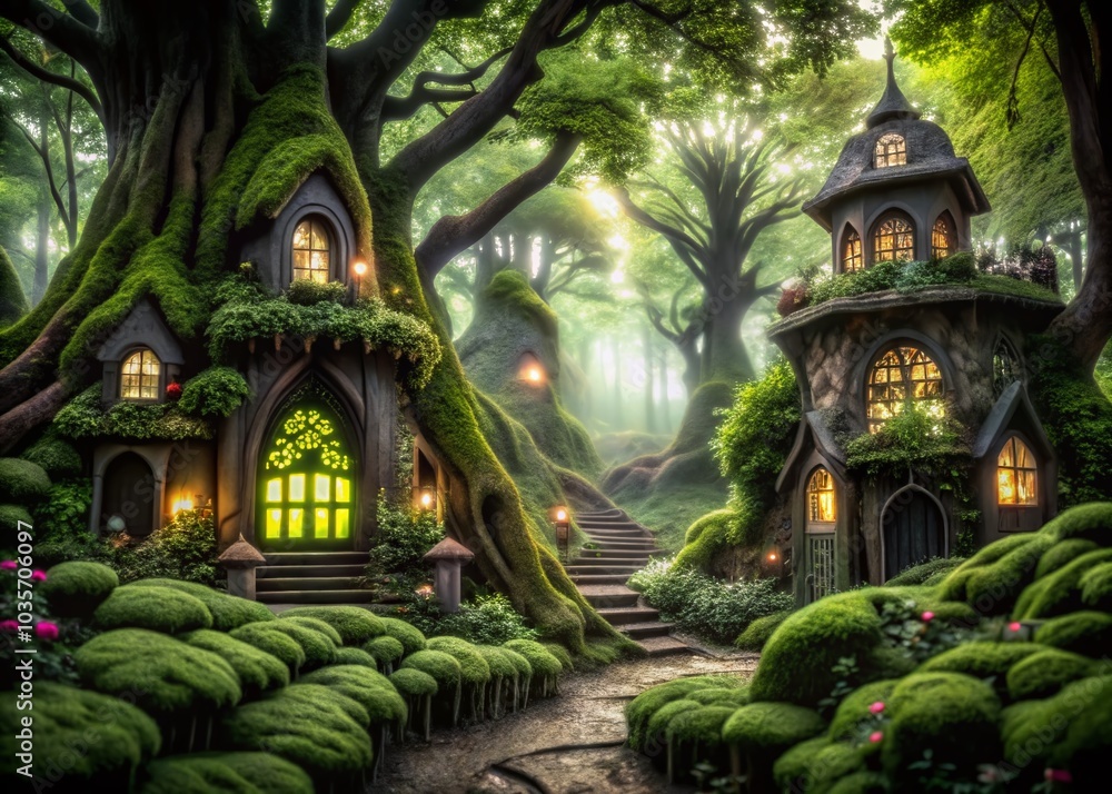 Fototapeta premium Enchanted Forest Architecture with Mystical Glow for Fantasy Photography