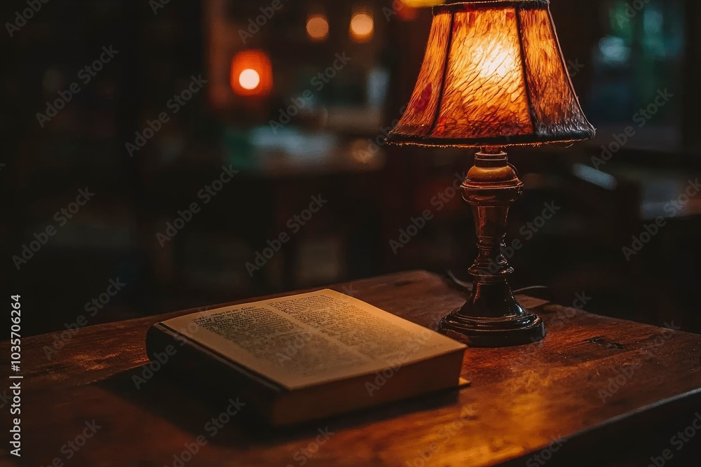A Book and Table Lamp Illuminated on a Wooden Table A Book and Table Lamp Illuminated on a Wooden Table