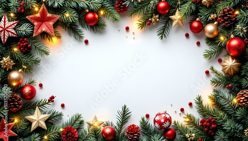 Christmas frame of spruce, red gold christmas decorations on white background. Copy space. New Year lights. Flat lay.