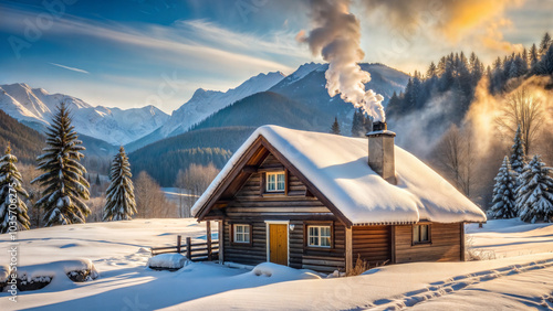 Cozy wooden hut with a smoking chimney on a snowy meadow with mountains in the background. Winter country house. Forest hut