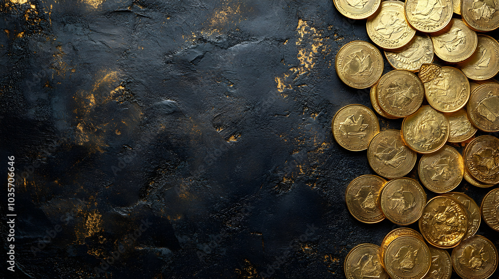 Luxurious Gold Coins Artfully Arranged on a Dark Background, Highlighting Wealth and Opulence