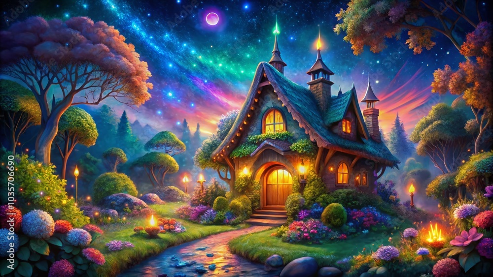 Enchanted Nightscape: Colorful Fairy Tale House in a Dreamy Landscape Enchanted Nightscape: Colorful Fairy Tale House in a Dreamy Landscape