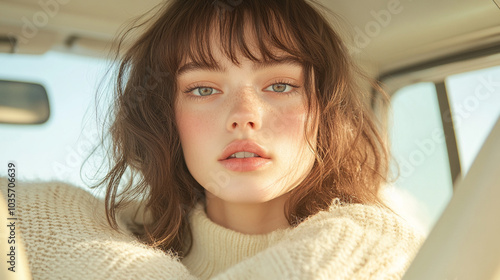Close-up portrait of attractive brown-haired girl in car
