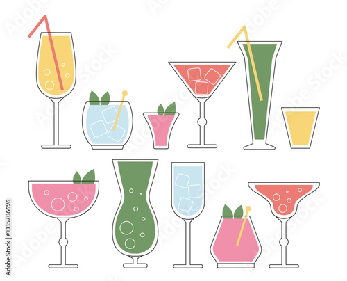 Set of cocktails. Green, pink and blue beverages in glasses. Cafe, bar and pub menu. Cold drinks for hot weather. Mojito and margarita. Linear vector collection