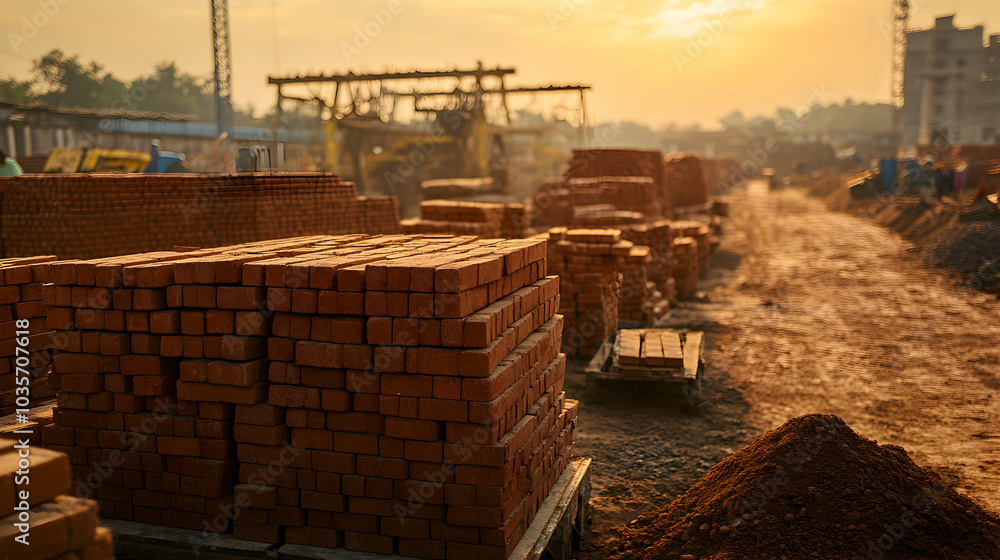 Neatly Stacked Red Bricks at Construction Site Ready for Use Neatly Stacked Red Bricks at Construction Site Ready for Use