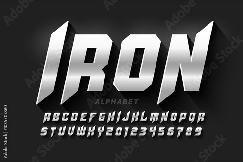 Iron chrome style font, alphabet letters and numbers vector illustration