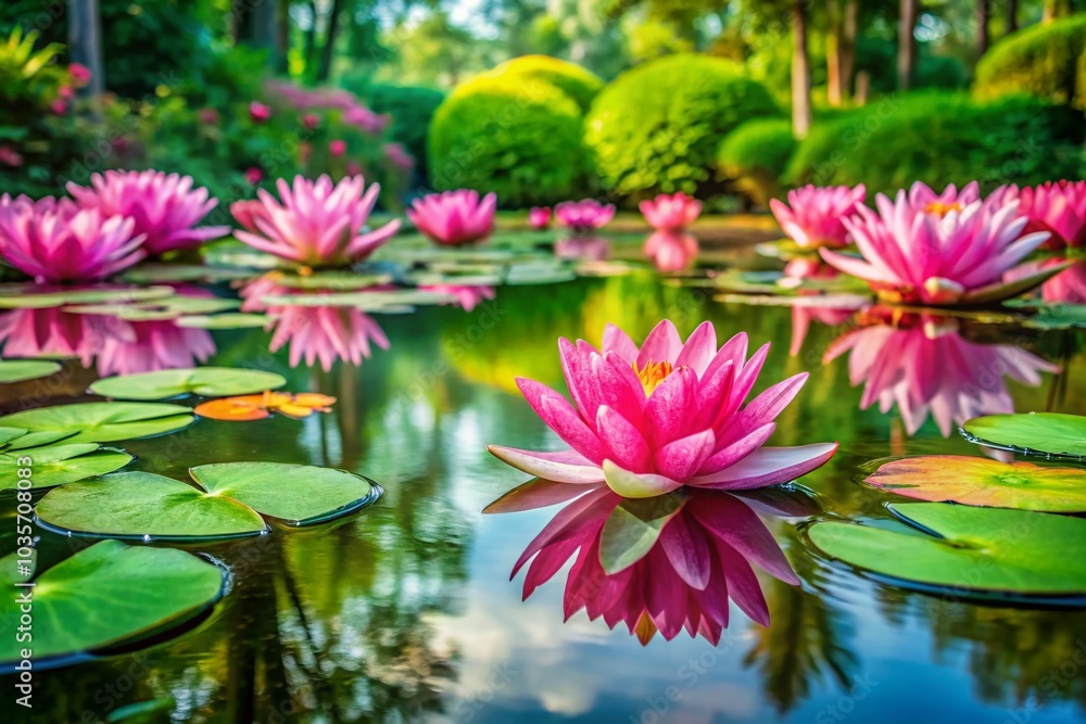 Enchanting Pink Water Lilies in a Serene Fantasy Pond - Architectural Photography Enchanting Pink Water Lilies in a Serene Fantasy Pond - Architectural Photography