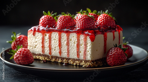 Appetizing slice of cheesecake with strawberries close-up