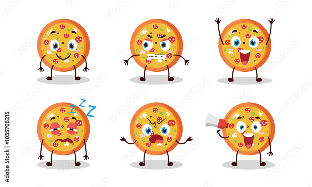 Naklejka premium funny pizza cartoon with many expressions design illustration