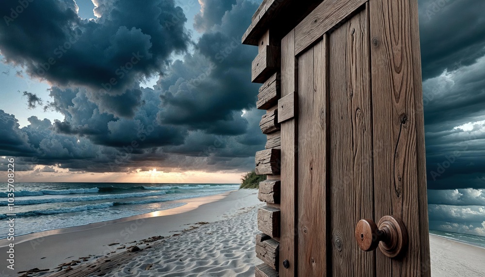 Wooden Door Close-Up with Swirling Clouds Wooden Door Close-Up with Swirling Clouds