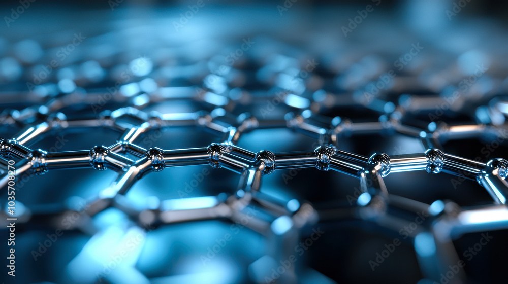 Innovative metallic structure showcasing interconnected hexagonal patterns, representing advanced material science and nanotechnology. intricate design highlights beauty of molecular architecture Innovative metallic structure showcasing interconnected hexagonal patterns, representing advanced material science and nanotechnology. intricate design highlights beauty of molecular architecture