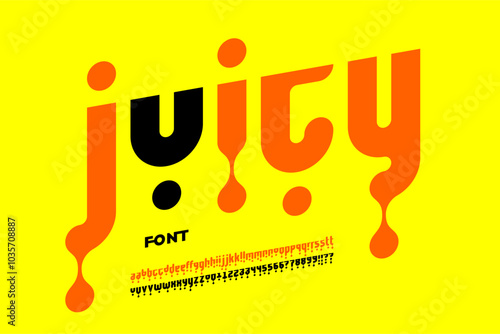 Juicy. Drops style font design, alphabet letters and numbers vector illustration