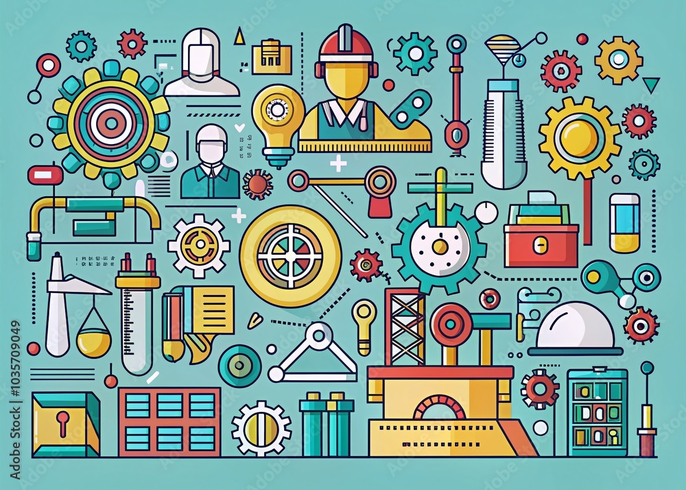 Naklejka premium Engineering and Manufacturing Line Icons Collection for UI Design in Flat Style