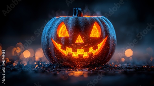 Spooky Halloween Jack o  Lantern with Smoke and Bokeh photo