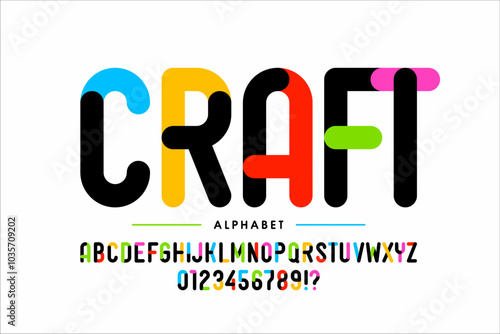Craft. Modern colorful font design, alphabet letters and numbers vector illustration