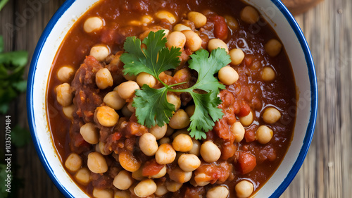 A bowl of Loubia stew, with tender cowpeas in a rich tomato and garlic sauce. Served hot, the soft beans are flavorful, garnished with cilantro for a fresh touch.






 photo