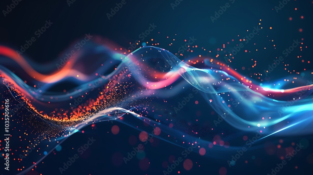 A vibrant abstract composition featuring flowing waves of light and particles in a dark background. A vibrant abstract composition featuring flowing waves of light and particles in a dark background.