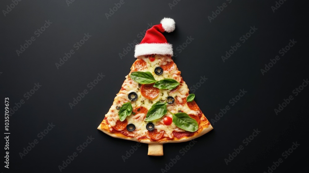 A festive Christmas tree crafted from pizza slices topped with a Santa hat set against a sleek black background A festive Christmas tree crafted from pizza slices topped with a Santa hat set against a sleek black background