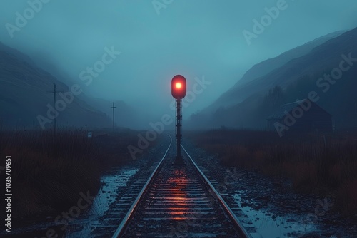 A Red Signal Light on a Foggy Railroad Track photo