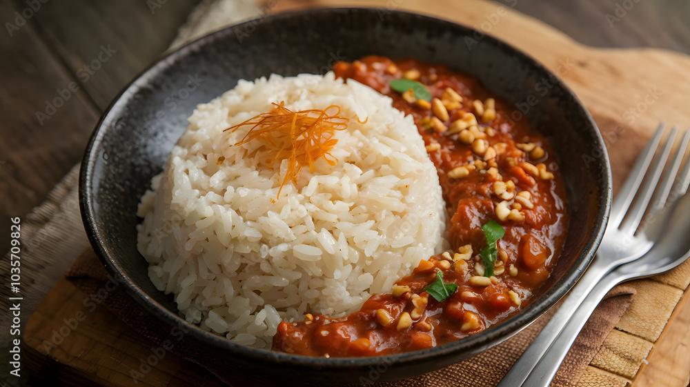 A bowl of fluffy, perfectly cooked rice, each grain separate, garnished with saffron or toasted nuts, served with a rich sauce or stew for a complete meal.
A bowl of fluffy, perfectly cooked rice, each grain separate, garnished with saffron or toasted nuts, served with a rich sauce or stew for a complete meal.